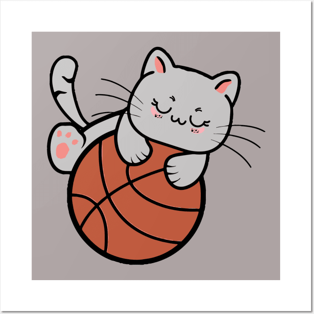 Cute Cat Playing Basketball Player Funny Wall Art by Illustradise